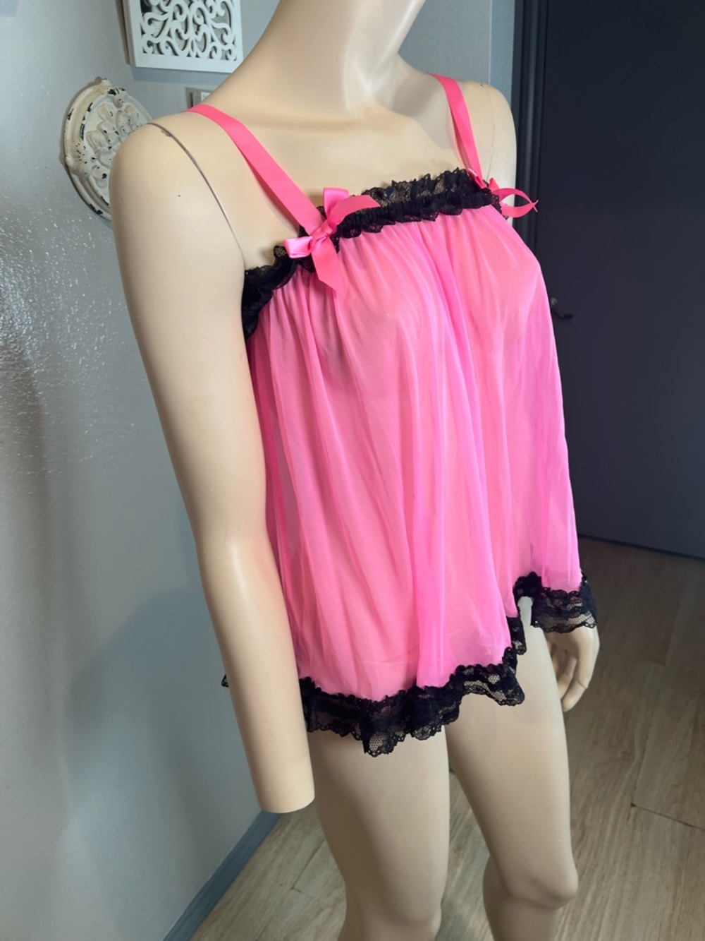 Victoria’s Secret Pink Babydoll Chemise with Black Lace Trim - Picture 8 of 11